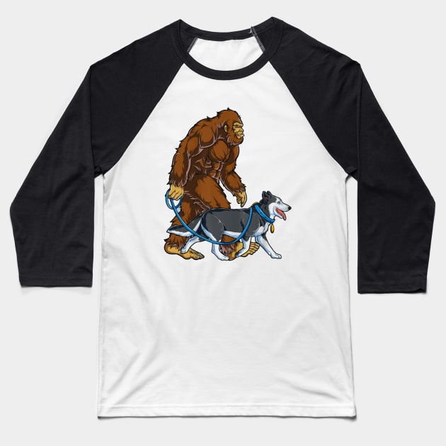 Funny Bigfoot Sasquatch Walking Husky Baseball T-Shirt by JameMalbie